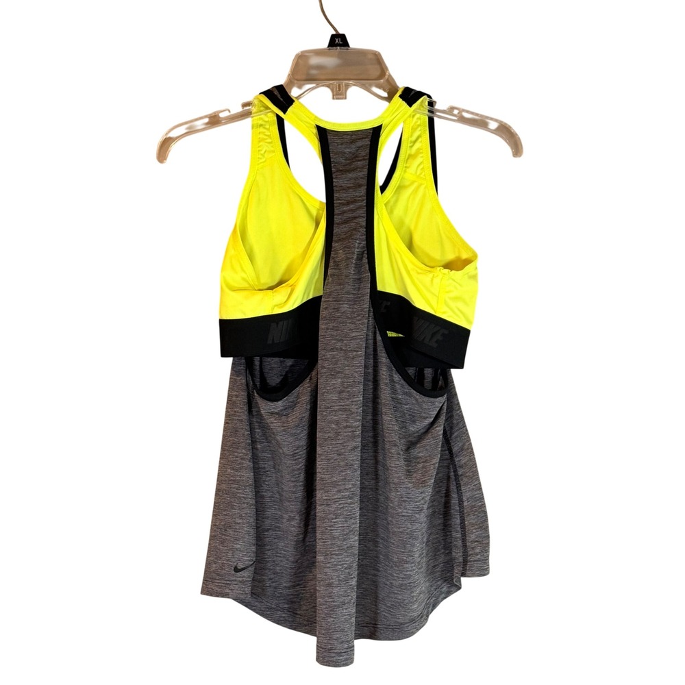 Nike 2-in-1 Tank Top Women L Gray Neon Yellow Dri-FIT Racerback Athleisure Gym - Picture 2 of 10